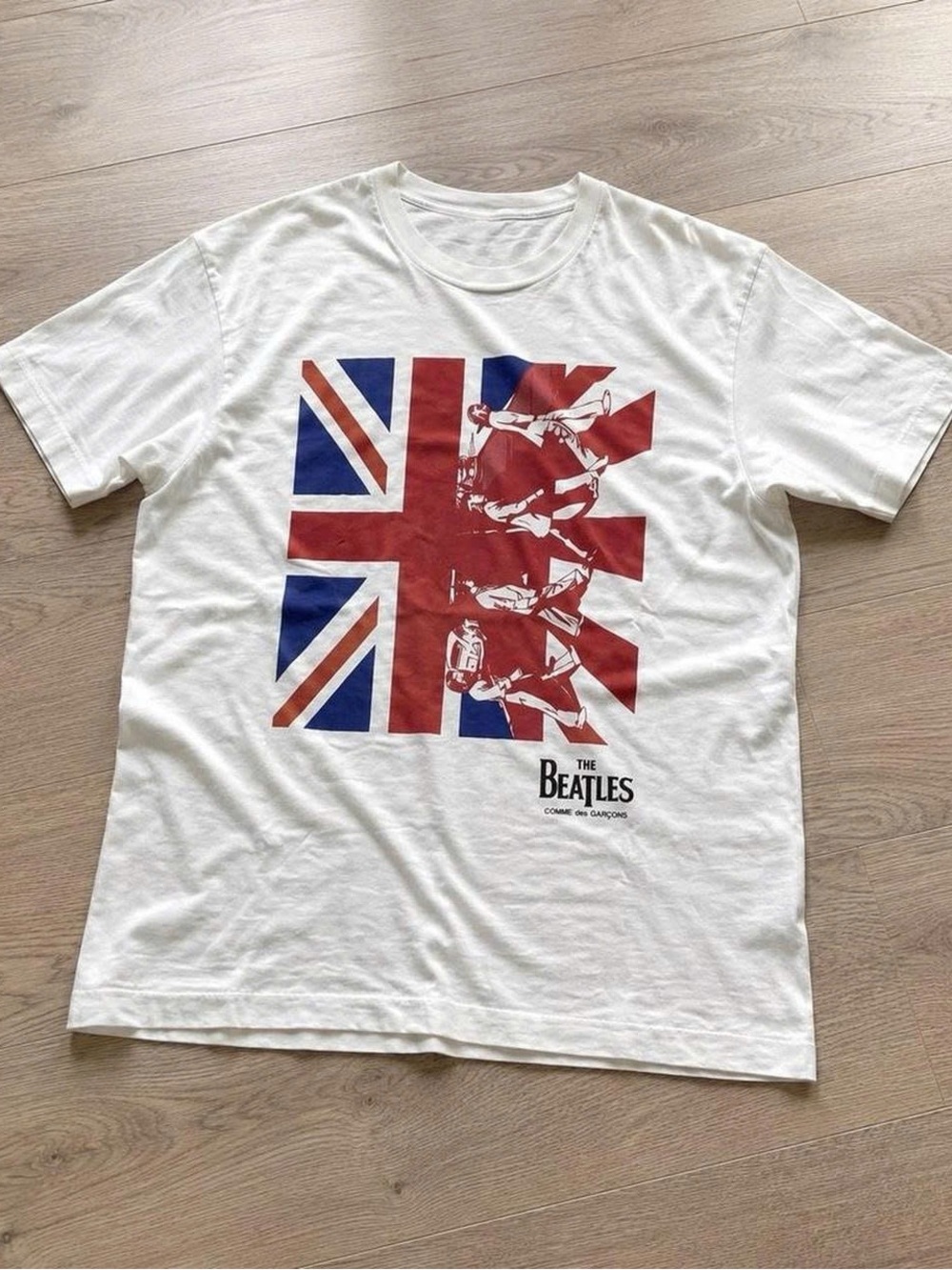 The Beatles Graphic Crewneck T-Shirt - White with Red & Blue Flag Print